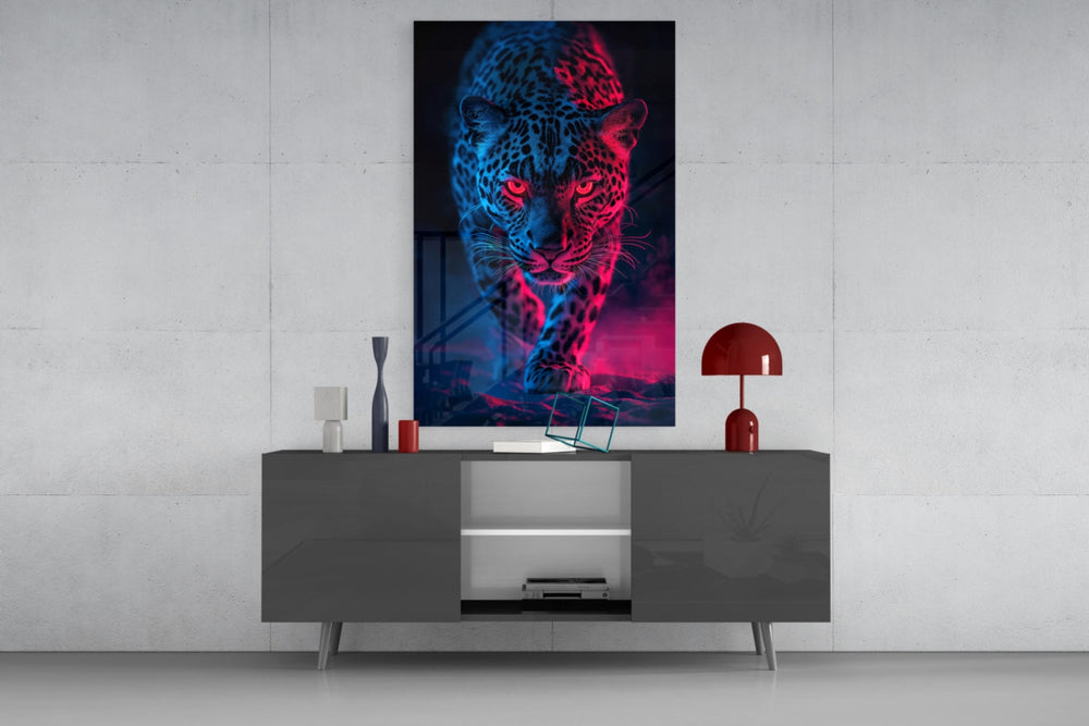 Neon Leopard glass wall art catching light to reveal its painted rosettes