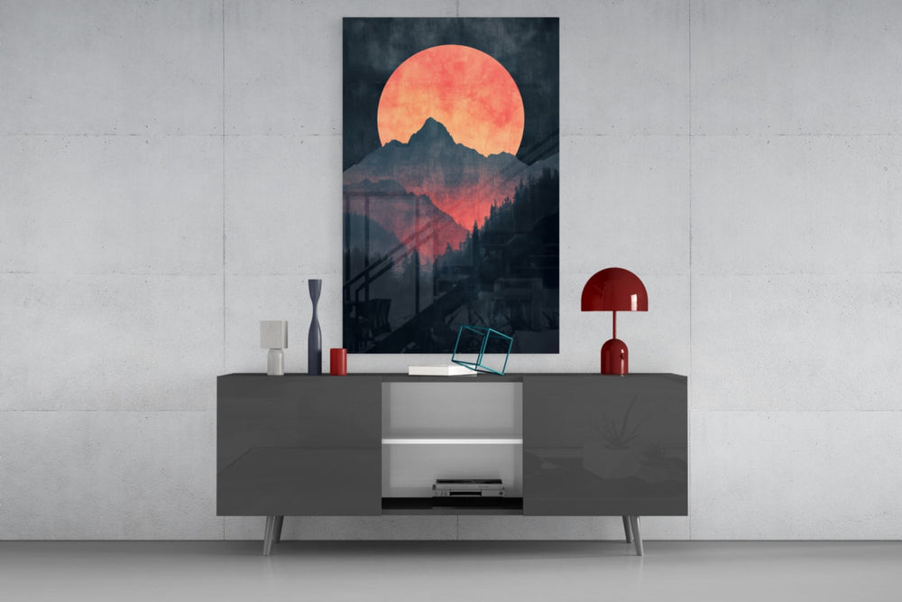 Red Moon Rising glass wall art catching light to reveal its painted layers