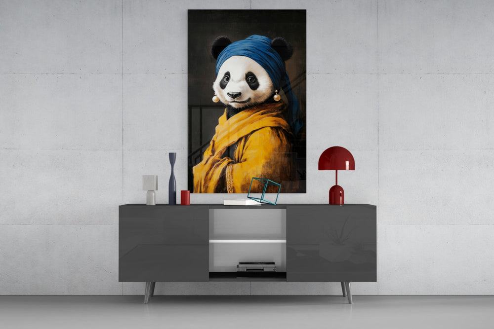 Panda with a Pearl Earring glass wall art catching light to reveal its painted texture
