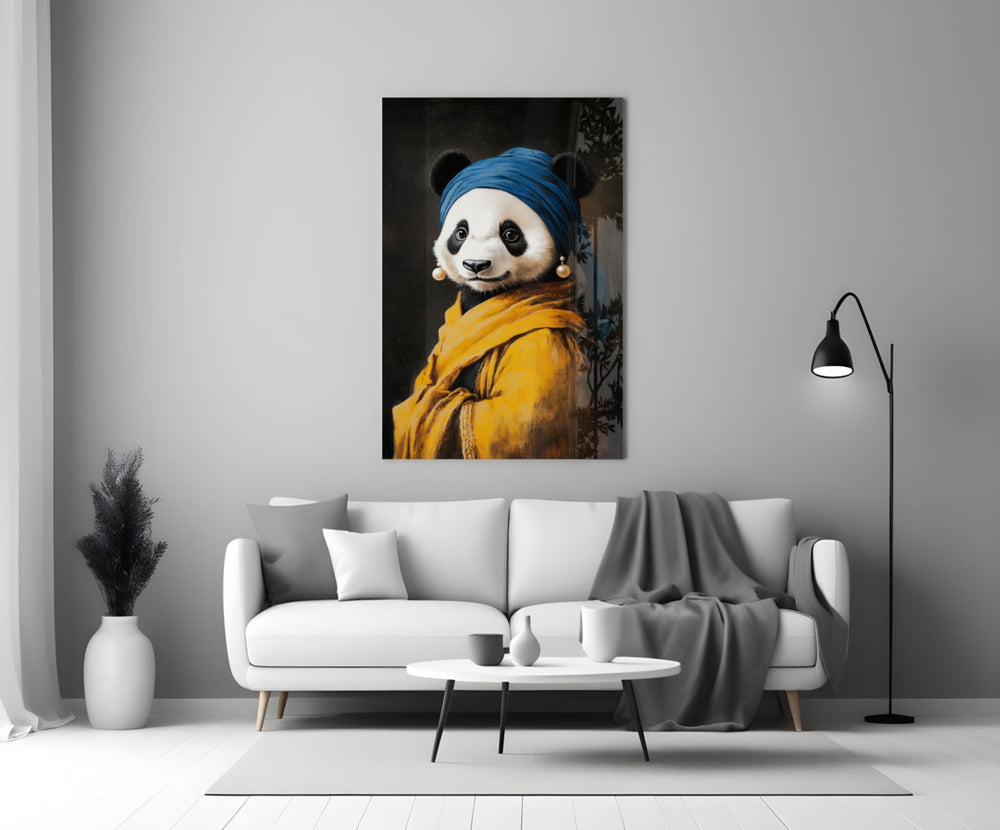 Close-up detail of panda Vermeer with pearl earring behind glass