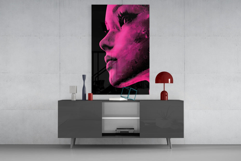 Pink with Dots glass wall art catching light to reveal its painted dots