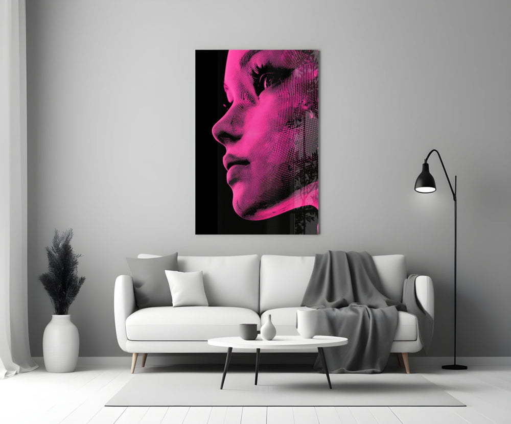 Close-up detail of halftone magenta profile behind glass