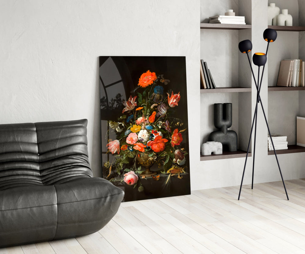 Old-Master glass print bringing Dutch-Vanitas edge to a creative loft
