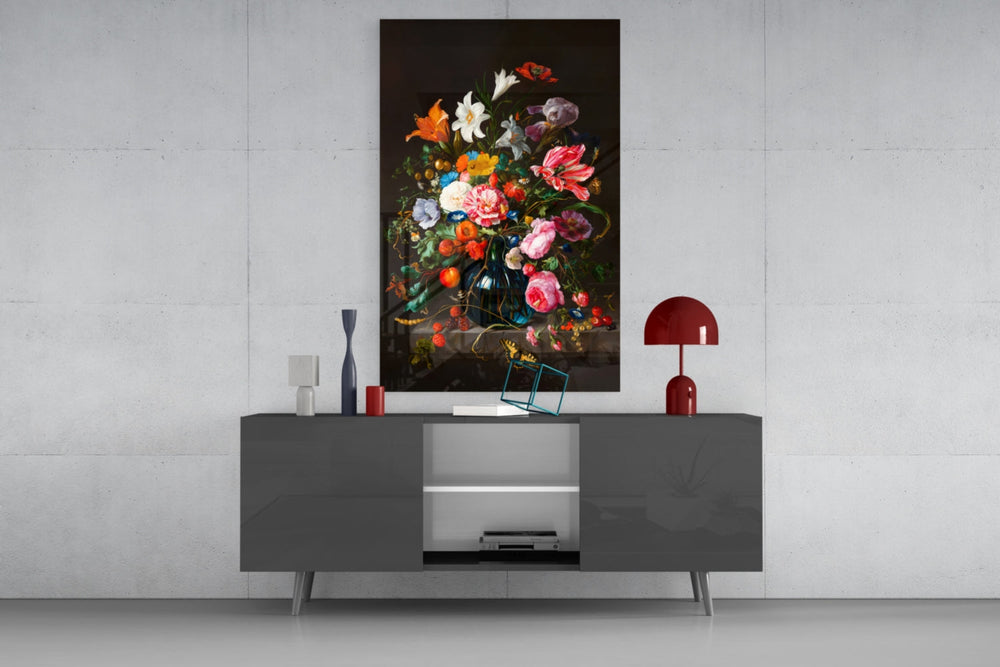 Classical Still Life glass wall art catching light to reveal its painted blooms