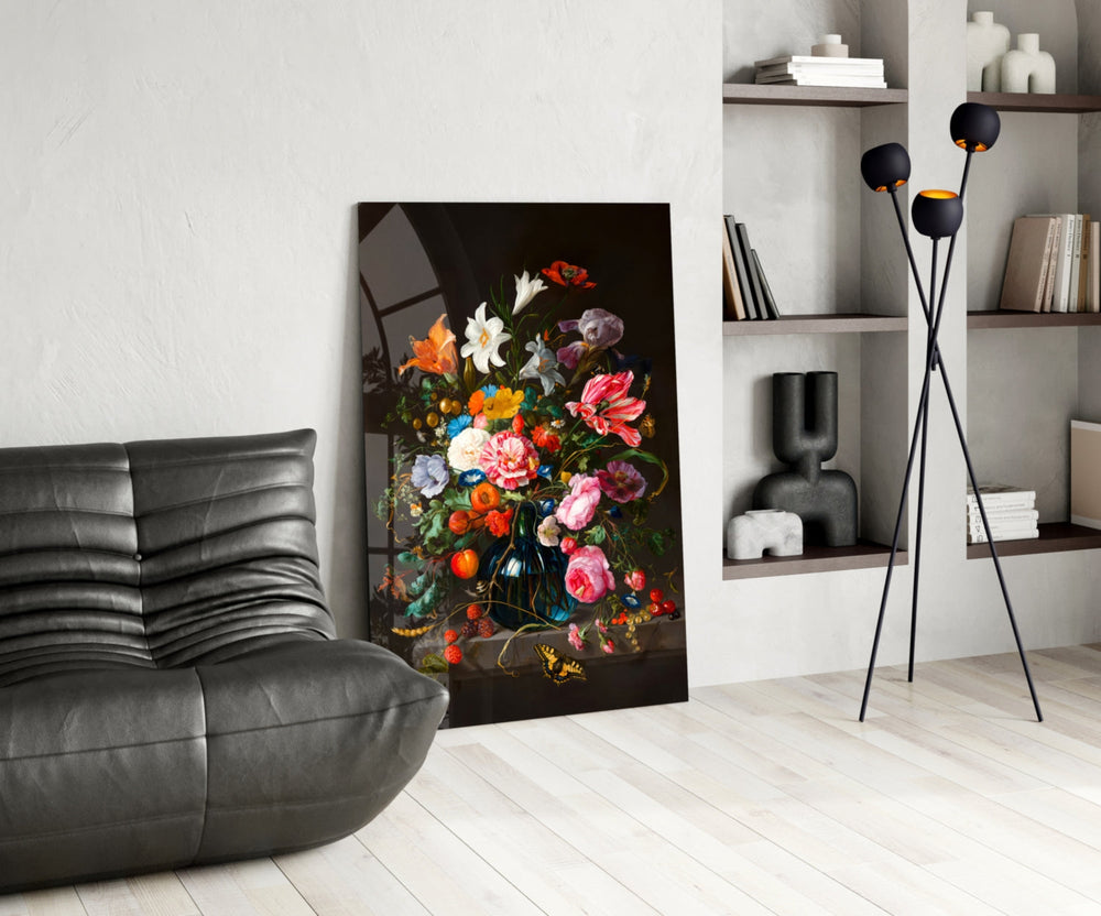 Old-Master glass print bringing Dutch-Vanitas edge to a creative loft