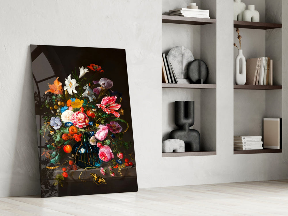 Still-life panel against a moody dark-painted accent wall