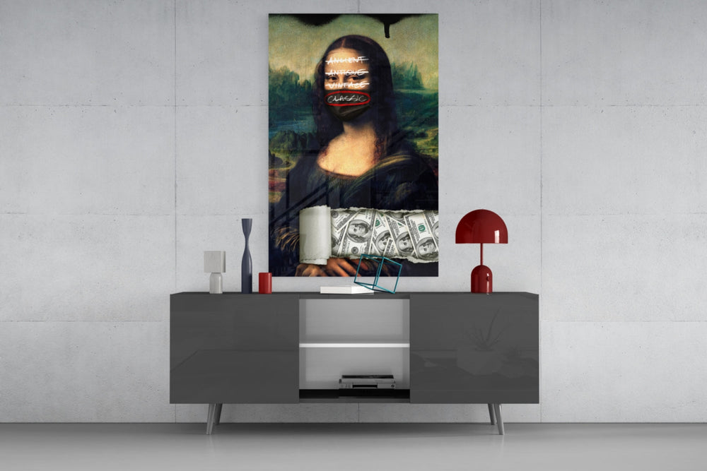 Modern Mona Lisa glass wall art catching light to reveal its painted tags