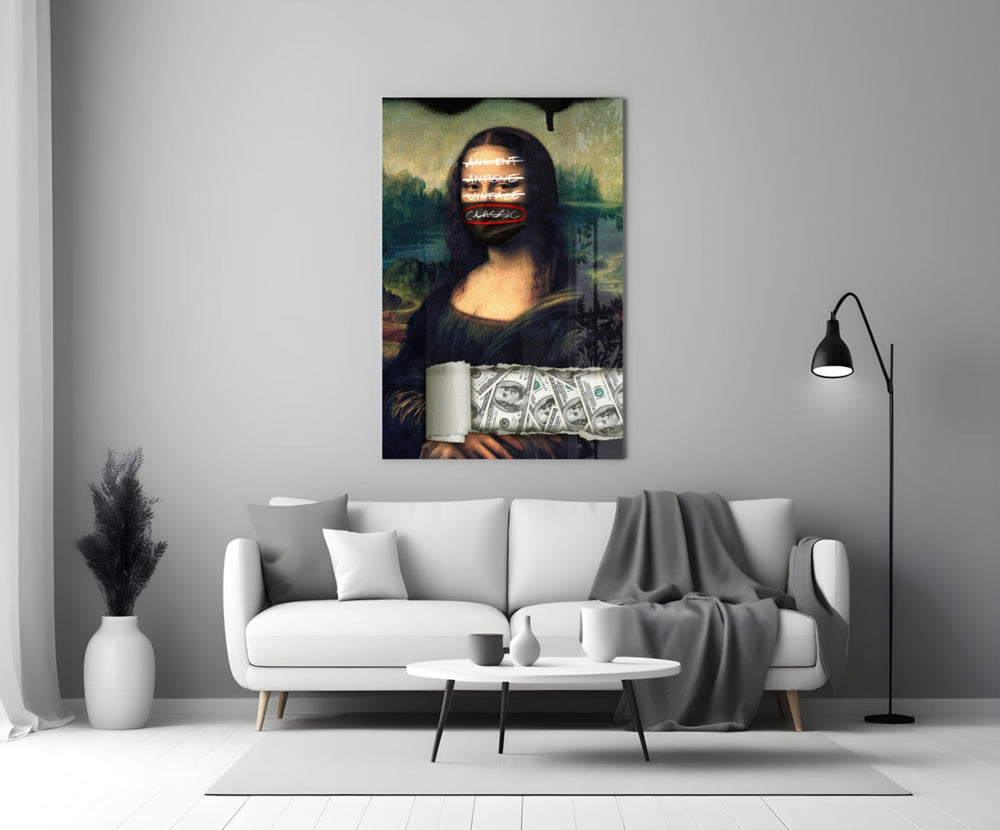 Close-up detail of Mona Lisa with mask and dollar-rolls behind glass