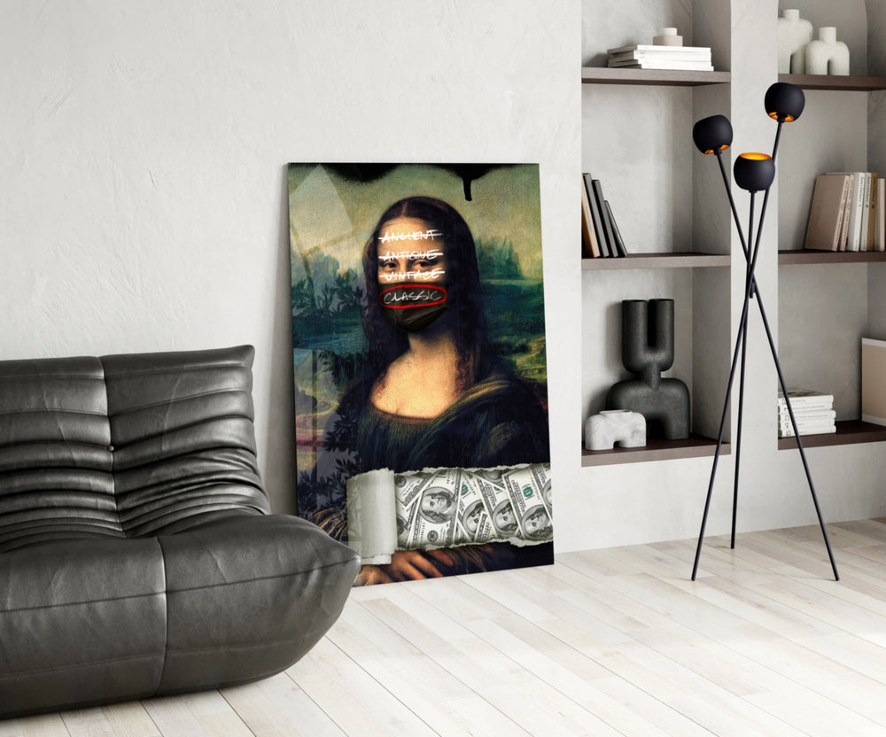 Pop-graffiti glass print bringing art-history twist edge to an art-collector's office