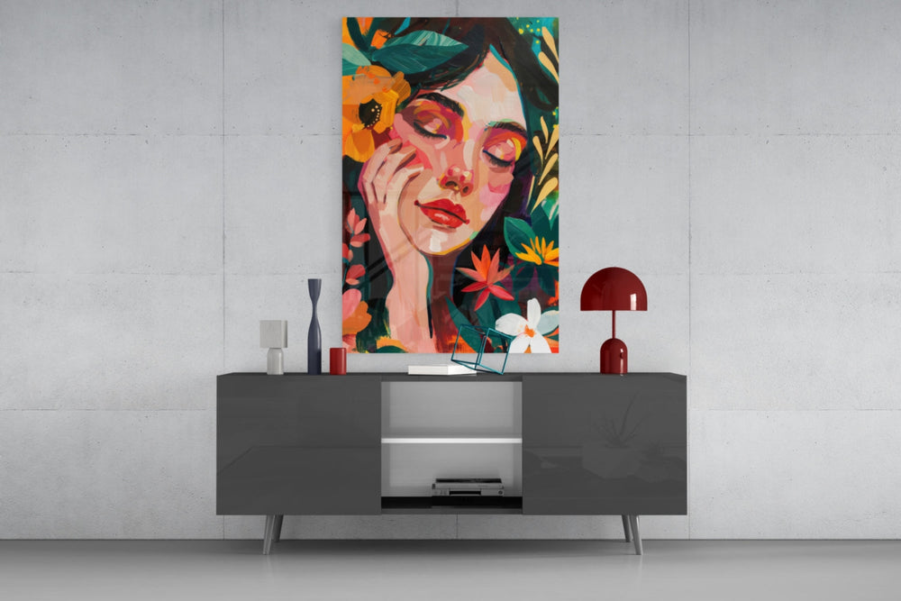 Spring Beauty glass wall art catching light to reveal its painted impasto