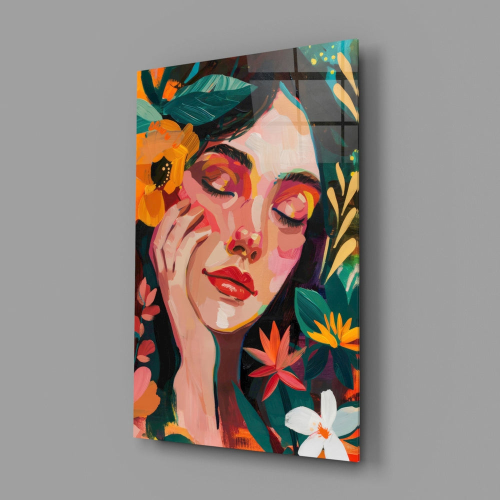 Designer-collection expressionist-portrait panel anchoring a vanity wall