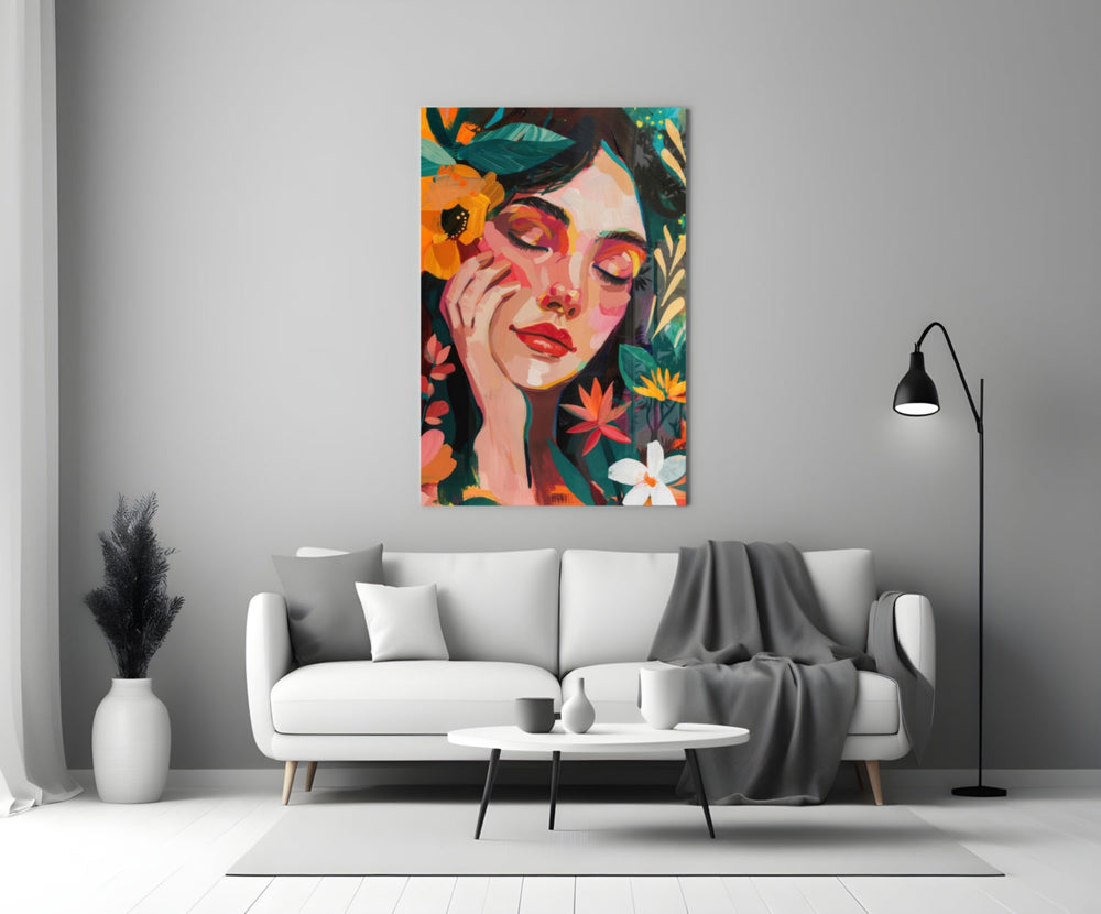 Close-up detail of painterly woman with tropical flowers behind glass