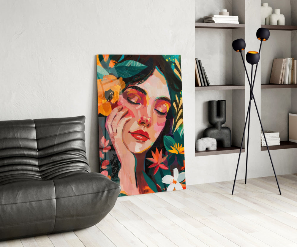Expressionist glass print bringing botanical edge to a feminine living room
