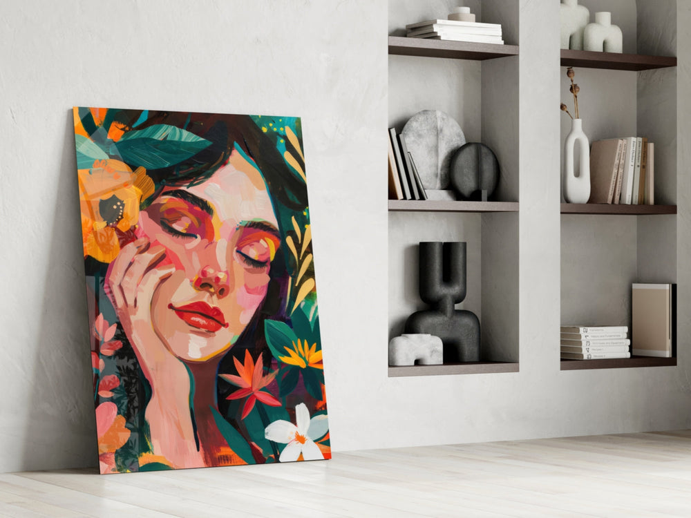 Botanical portrait panel against a moody dark-painted accent wall