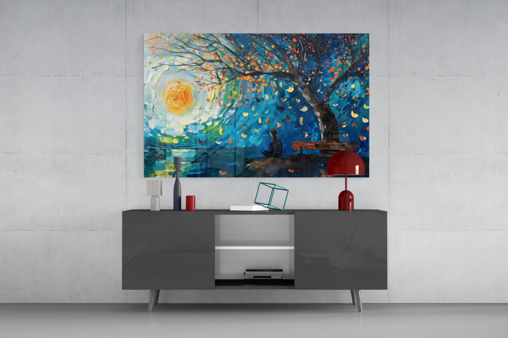 Solitude and Peace glass wall art catching light to reveal its painted leaves