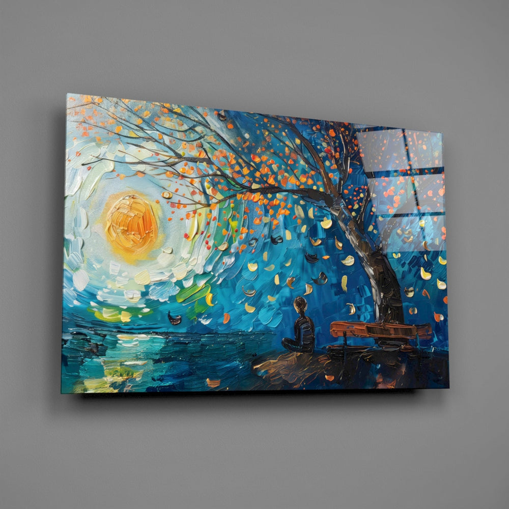 Designer-collection painterly-landscape panel anchoring a master bedroom wall