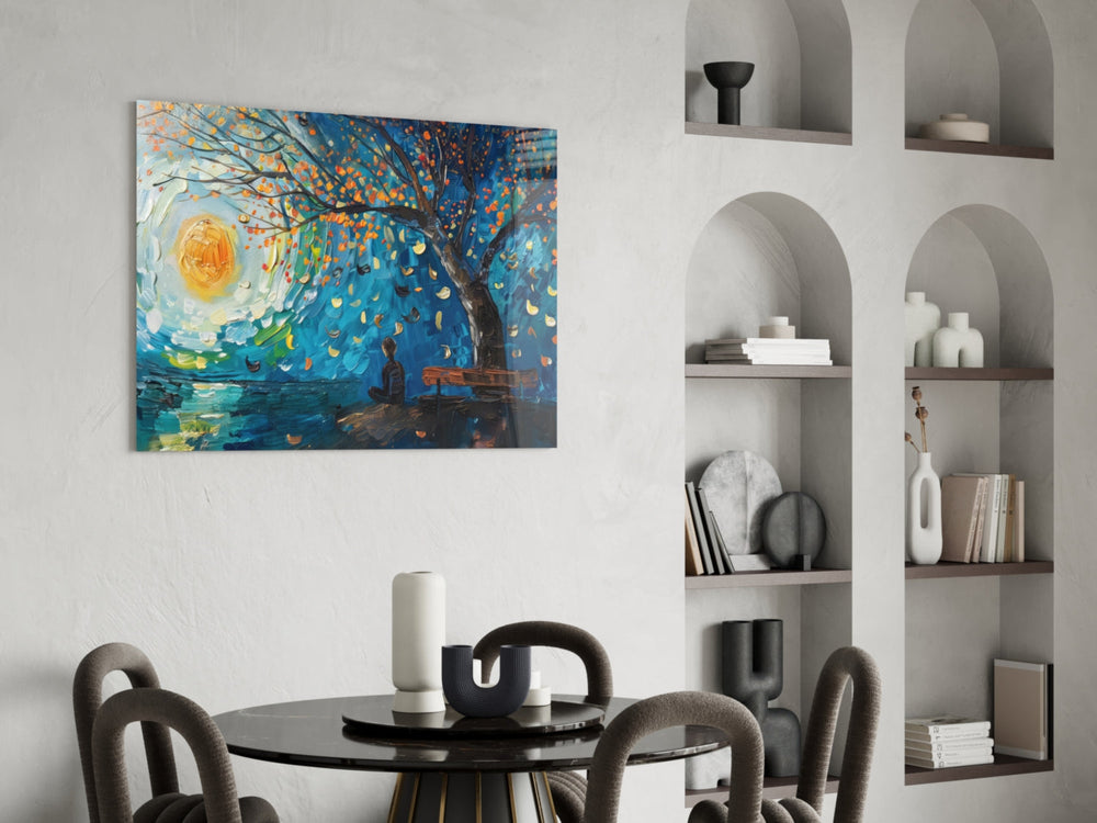 Painterly glass print bringing autumn-moonlit edge to a creative loft