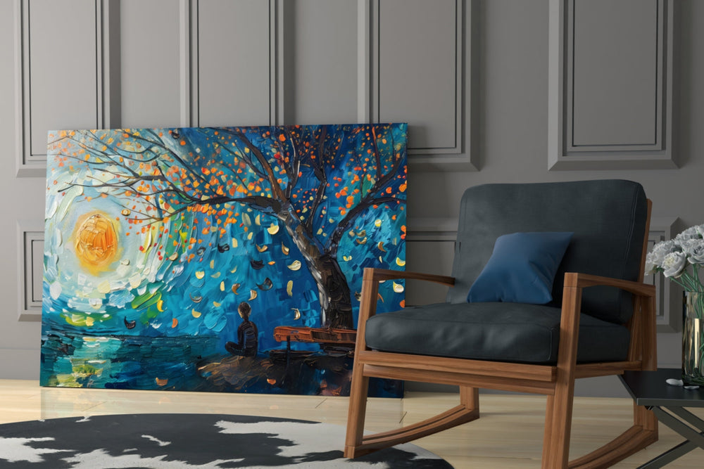 Landscape yatay panel against a moody dark-painted accent wall