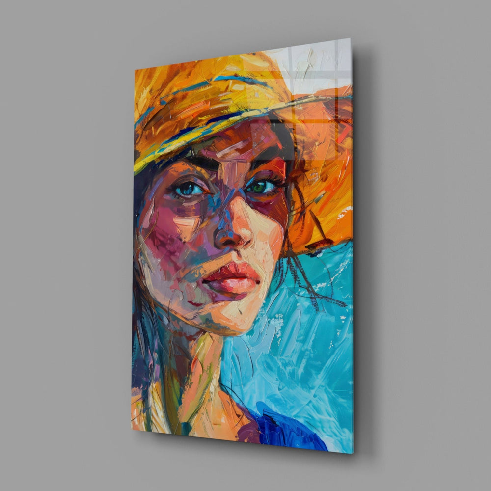 Designer-collection expressionist-portrait panel anchoring a master bedroom wall