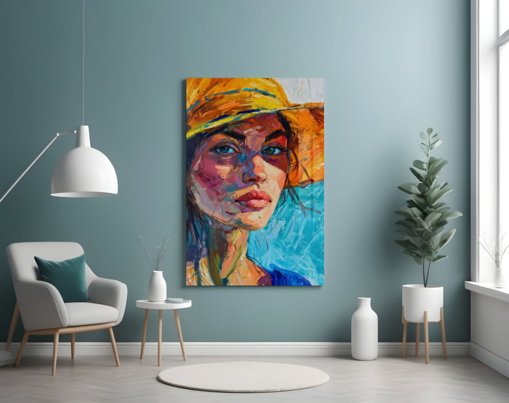 Woman in Orange Hat artwork styled in a vanity wall interior