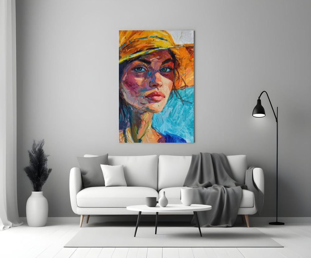 Close-up detail of painterly woman in tangerine hat behind glass