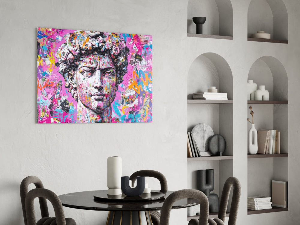 Pop-graffiti glass print bringing classical-pop edge to a modern living room