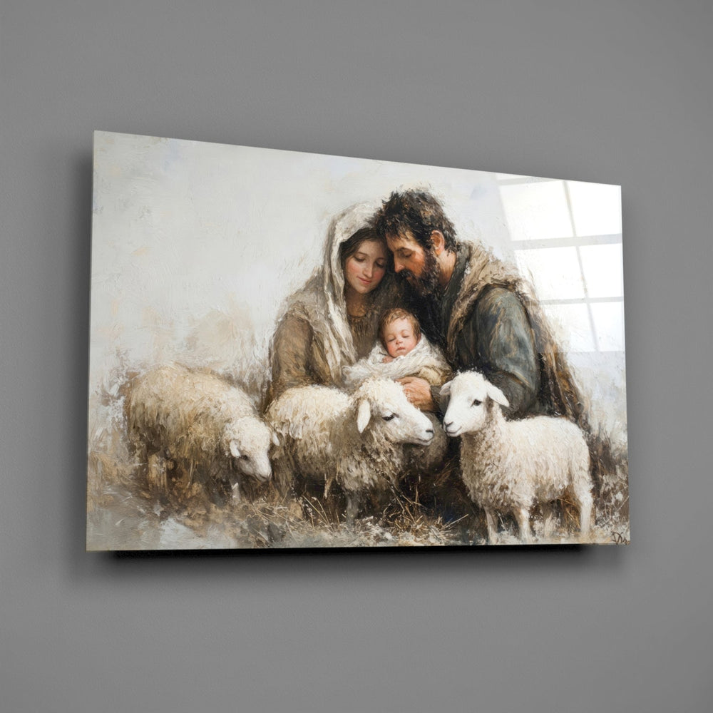 Designer-collection sacred-pastoral panel anchoring a quiet bedroom wall