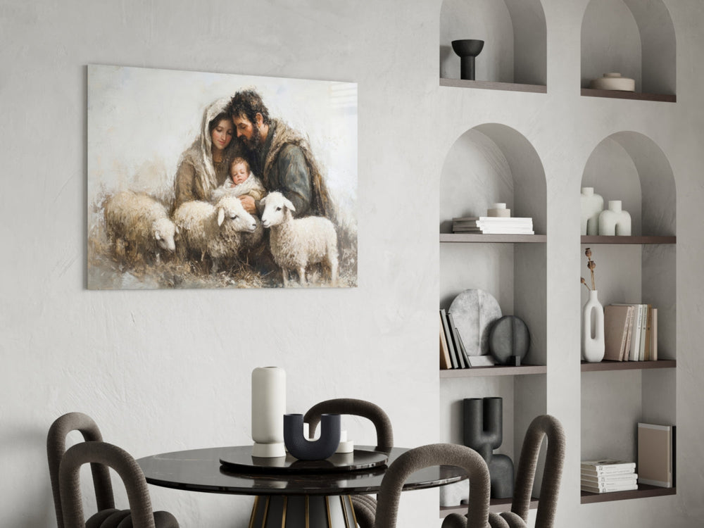 Sacred glass print bringing pastoral edge to a hallway gallery