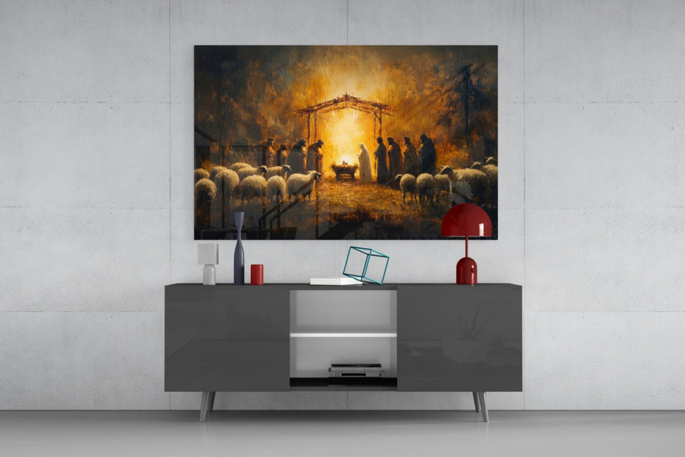 Birth glass wall art catching light to reveal its painted glow