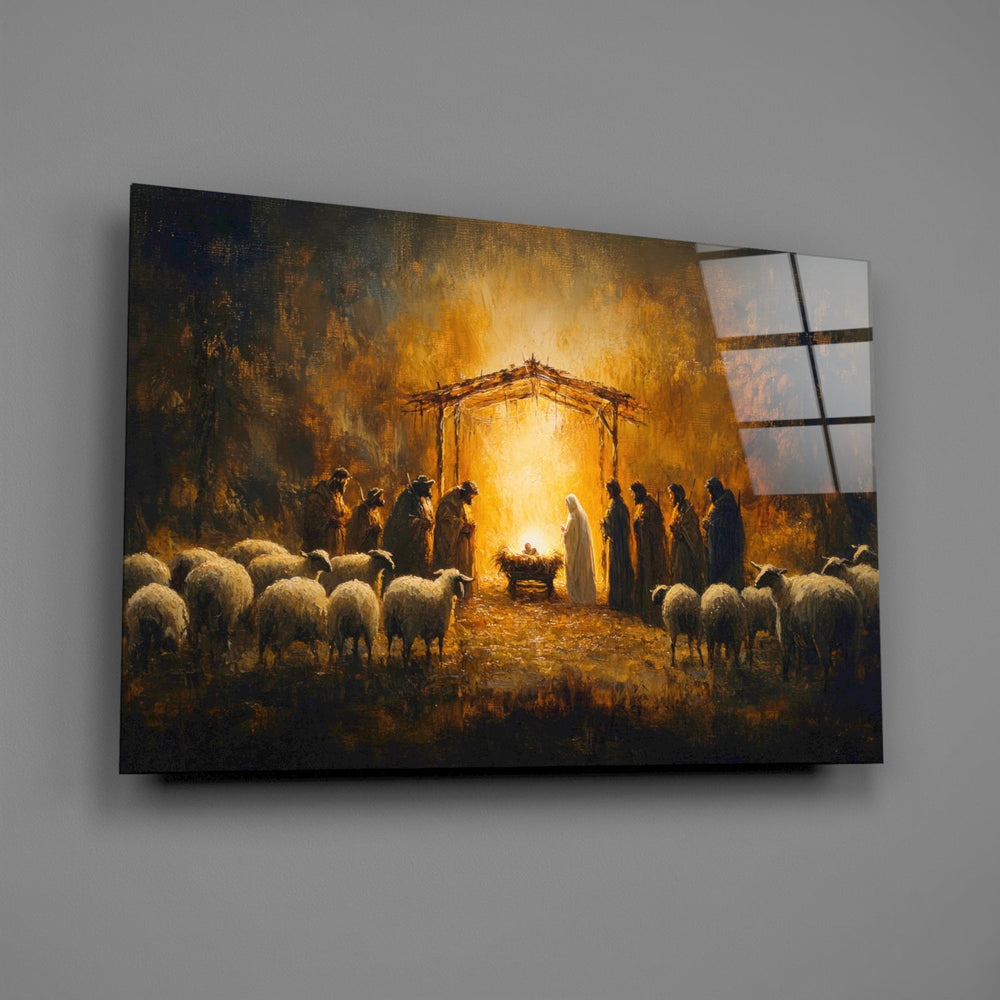 Designer-collection sacred-Nativity panel anchoring a quiet bedroom wall
