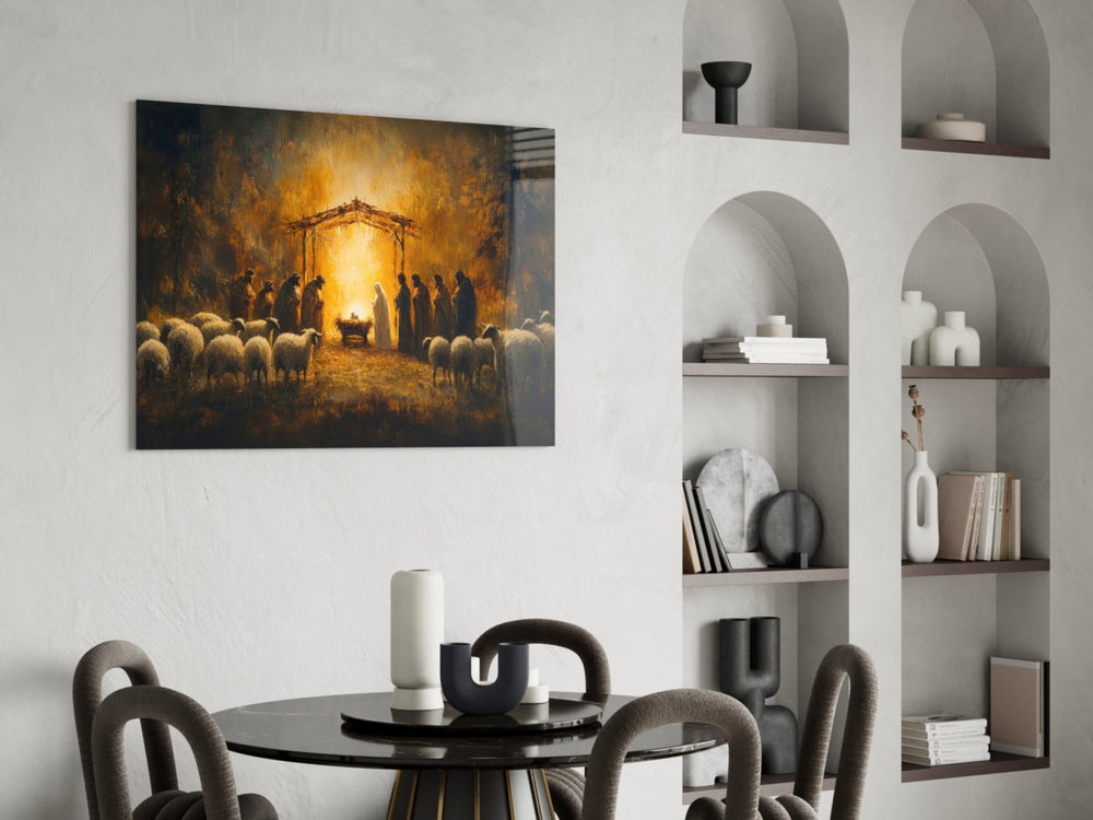 Sacred glass print bringing Nativity edge to a hallway gallery