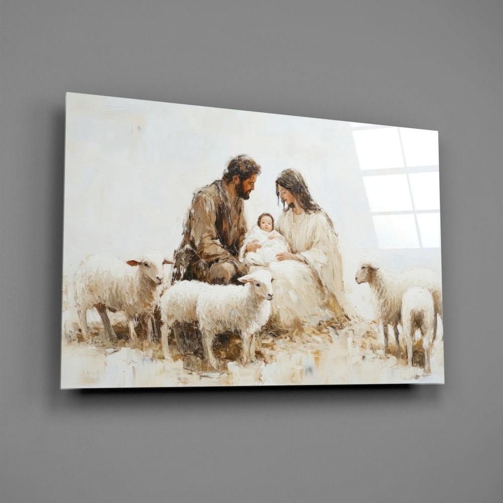 Designer-collection sacred-pastoral panel anchoring a quiet bedroom wall