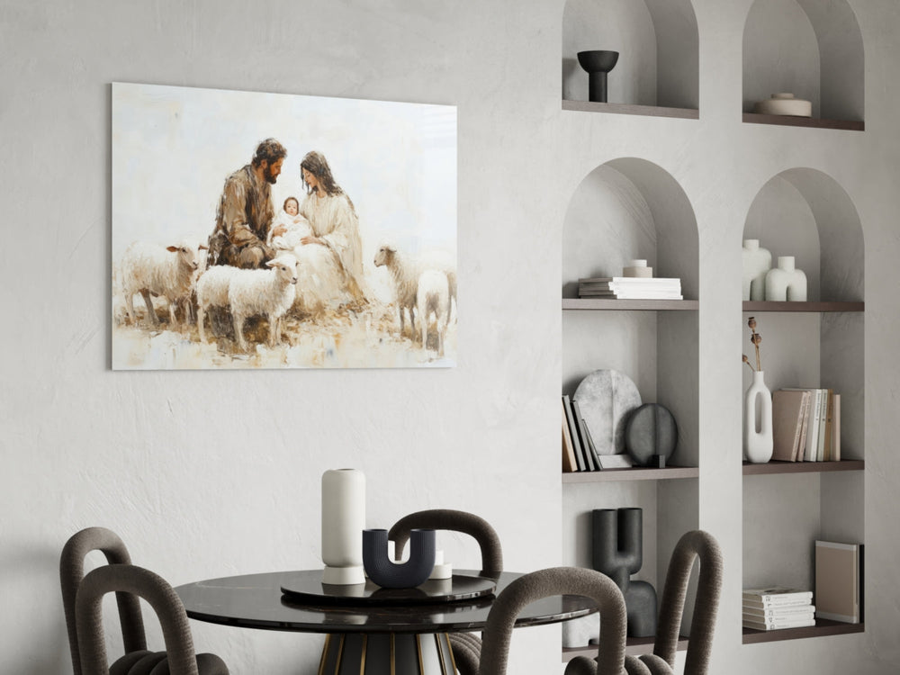 Sacred glass print bringing pastoral edge to a hallway gallery