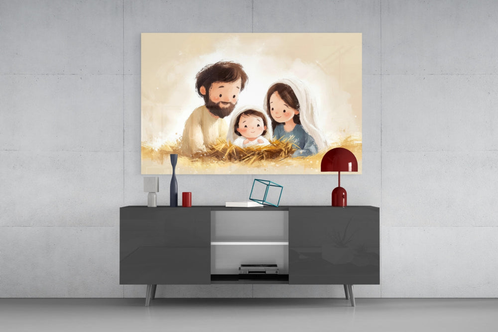 Little Holy Family glass wall art catching light to reveal its painted straw