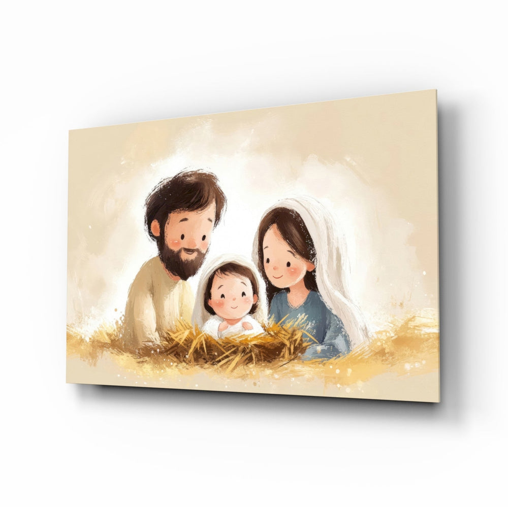 Little Holy Family glass wall art in a modern children's bedroom