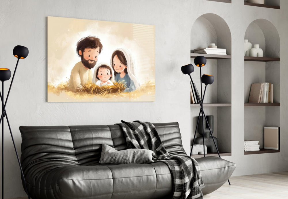 Little Holy Family artwork styled in a Sunday-school room interior