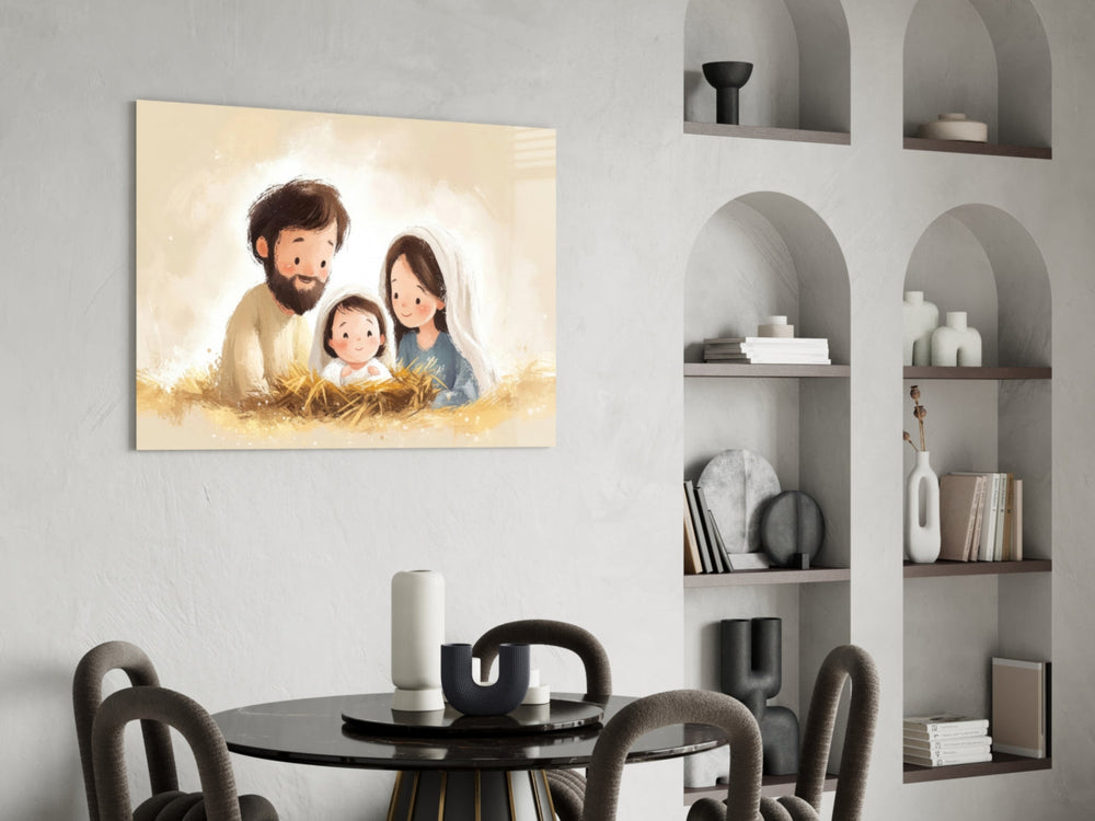 Sacred glass print bringing storybook edge to a family room