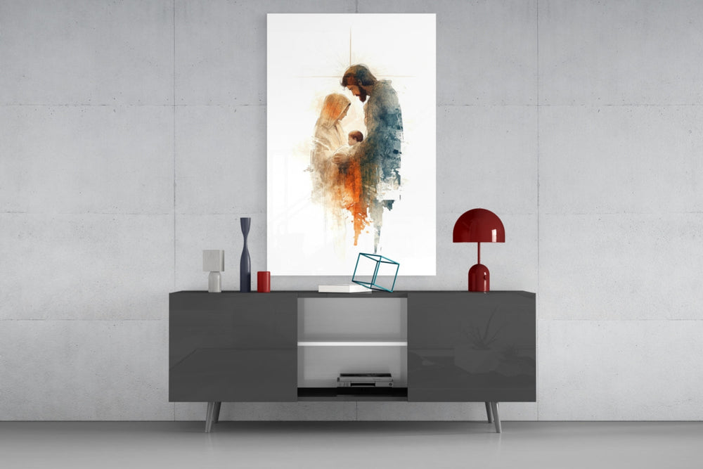 Holy Family glass wall art catching light to reveal its painted wash