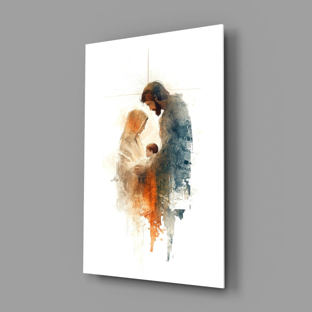 Designer-collection watercolor-Nativity panel anchoring a quiet bedroom wall