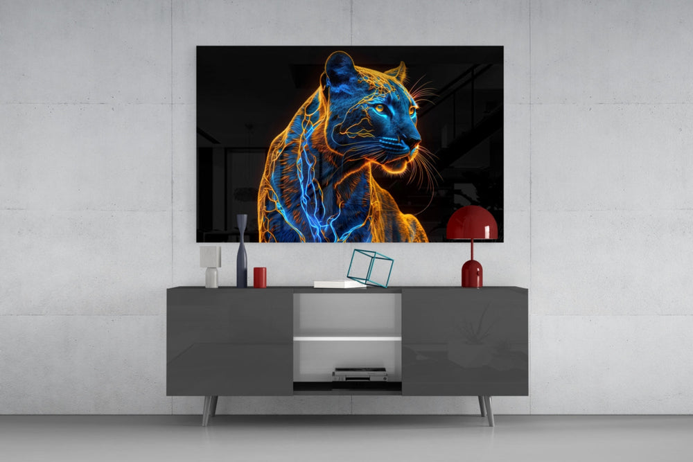 Neon Jaguar glass wall art catching light to reveal its painted filaments