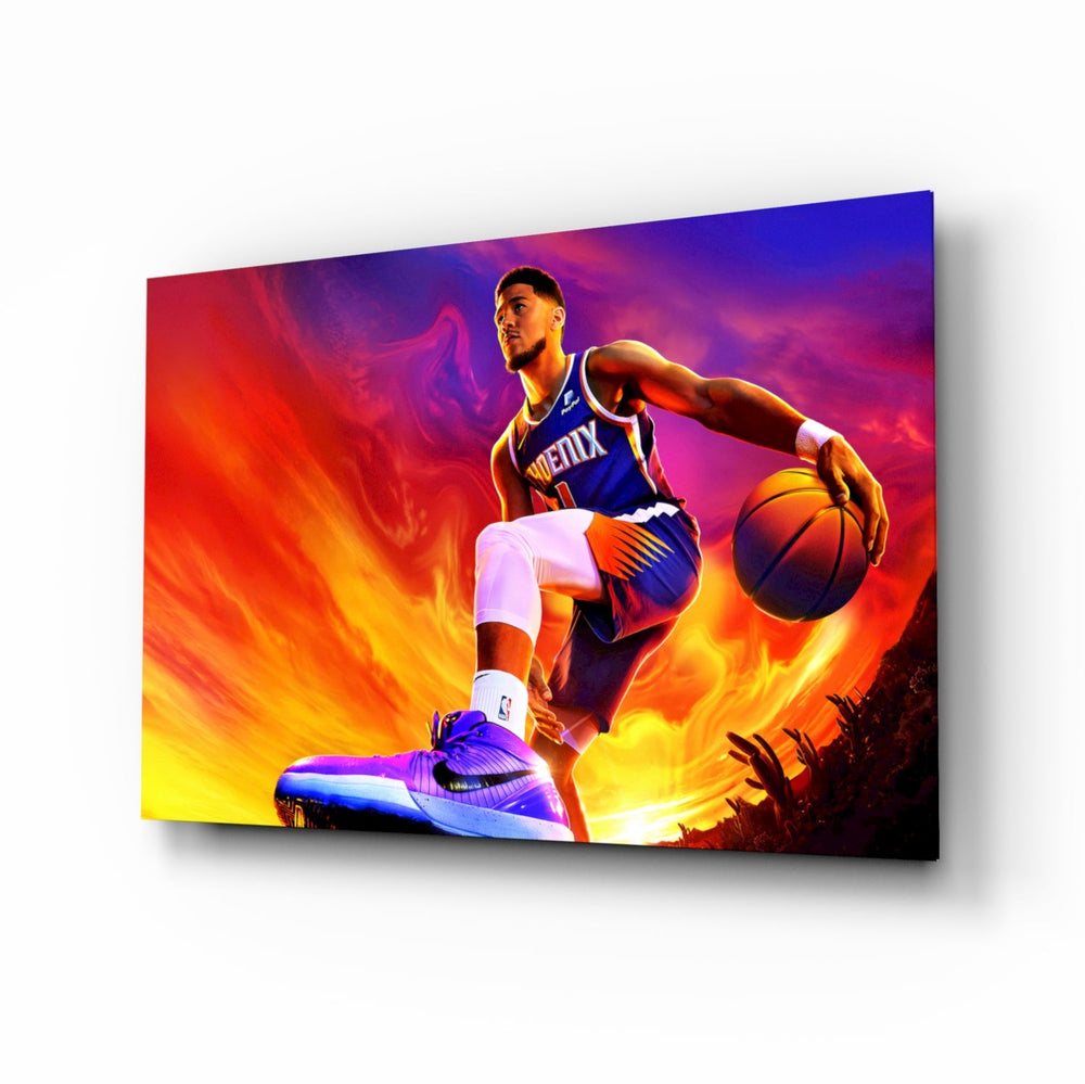 Devin Booker glass wall art in a modern man cave