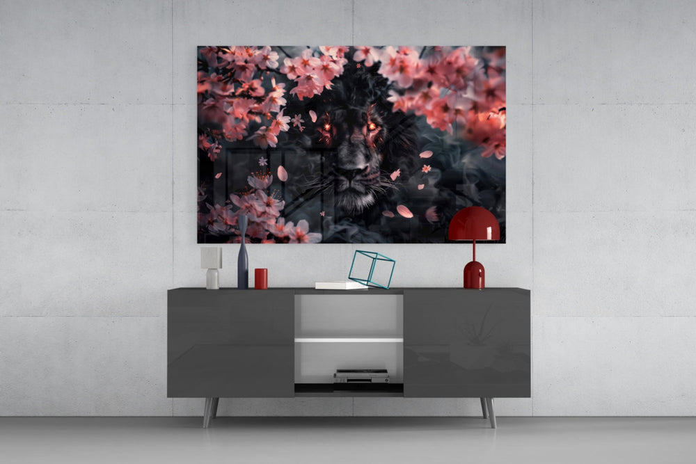 Lion of the Night glass wall art catching light to reveal its painted blossoms