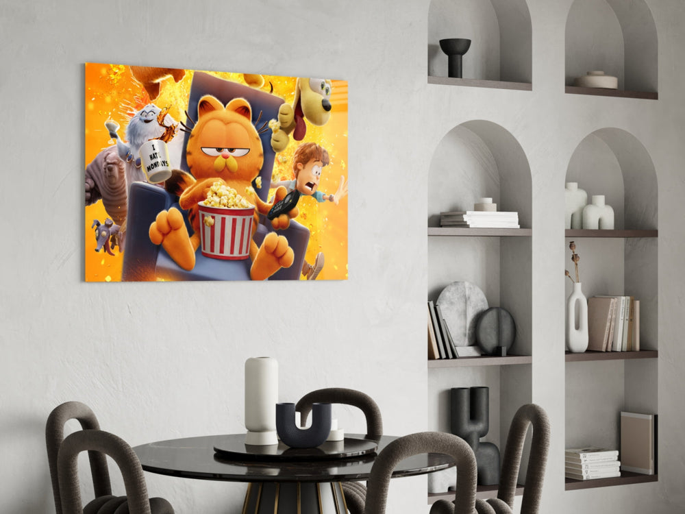Cartoon glass print bringing movie-poster edge to a home cinema