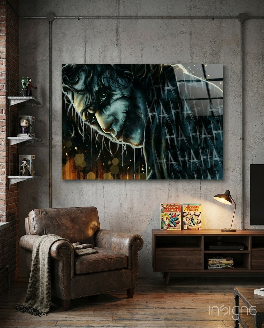 Heath Ledger Joker glass wall art in a modern home cinema