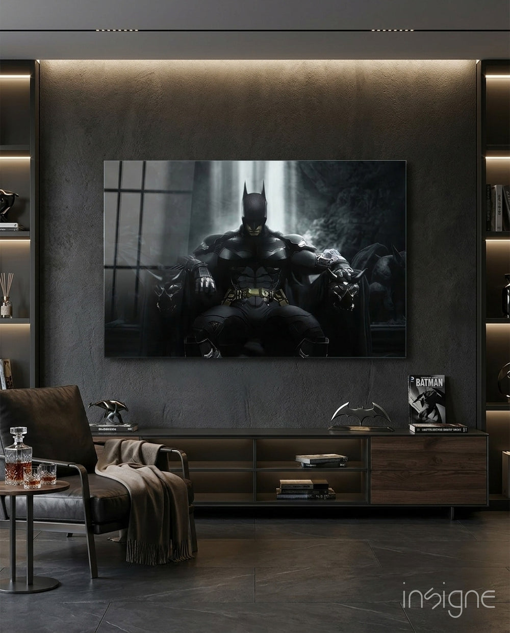Batman Throne glass wall art in a modern home cinema