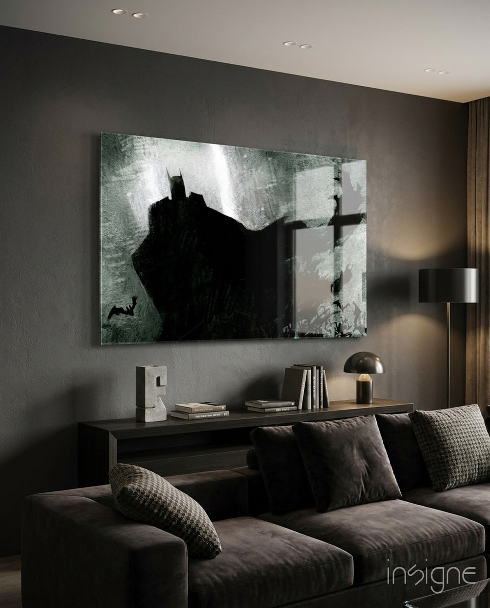 Batman Sketch glass wall art in a modern creative loft