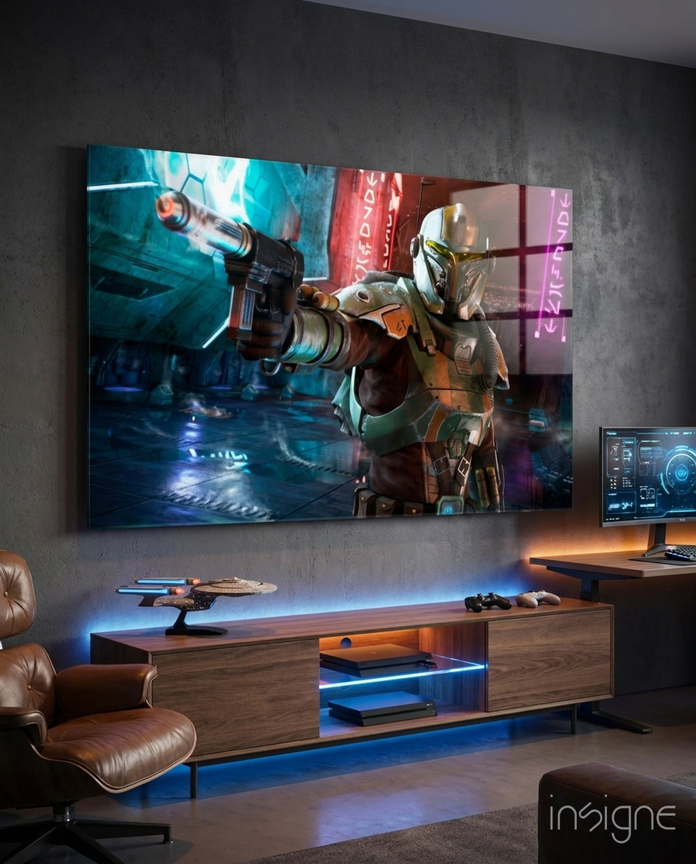 Mandalorian Old Republic glass wall art in a modern home cinema
