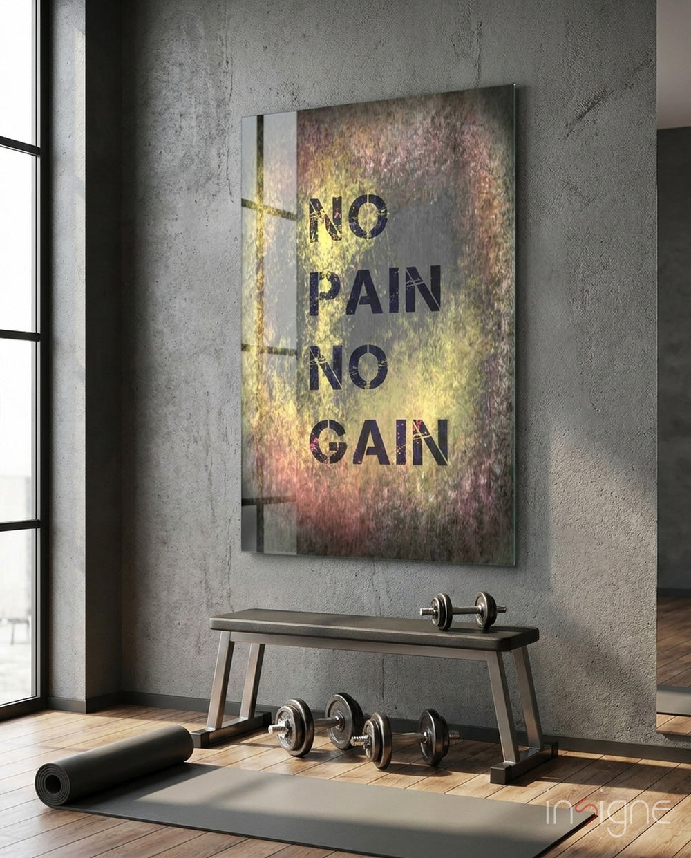 No Pain No Gain glass wall art in a modern home gym