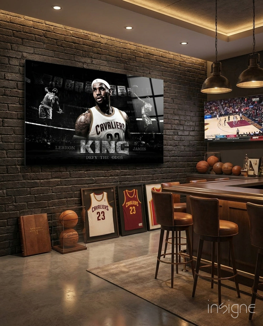 LeBron James Defy the Odds glass wall art in a modern man cave
