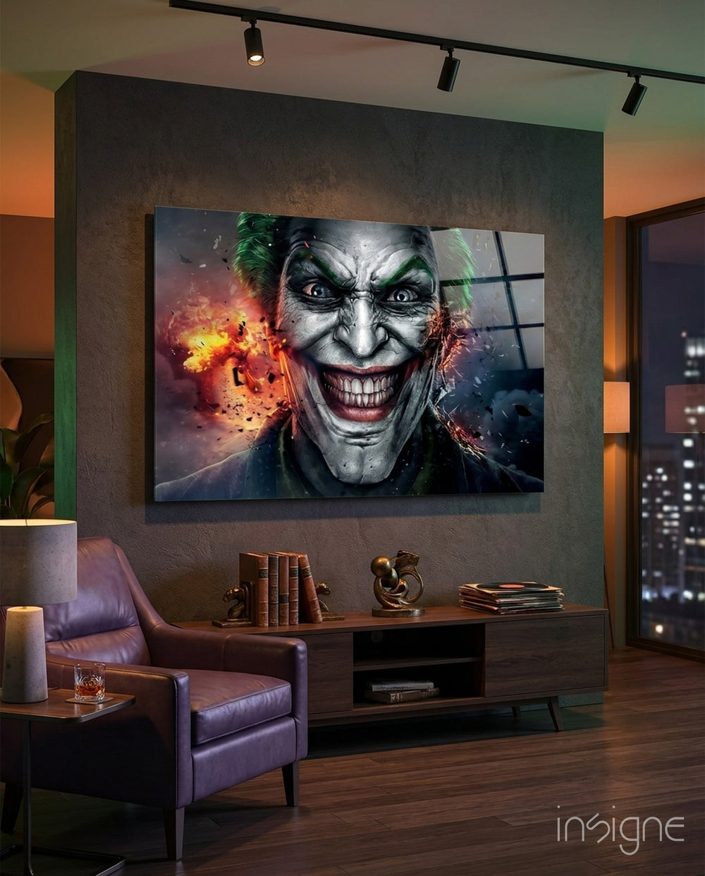 Joker Shrapnel glass wall art in a modern home cinema